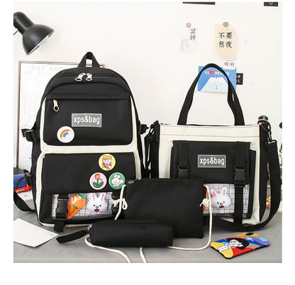 4-piece student school bag canvas contrast color backpack