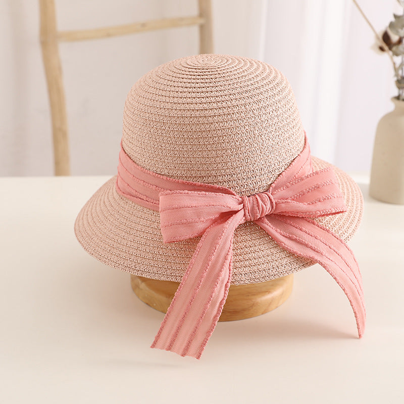 Conjunto de sombrero de paja con lazo para niños, bolsa de viaje con protección solar para la familia, primavera y verano 