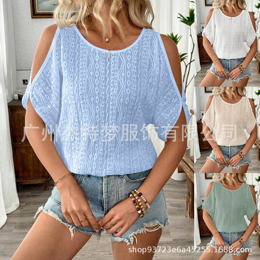 Solid color off-the-shoulder hollow bat sleeve T-shirt