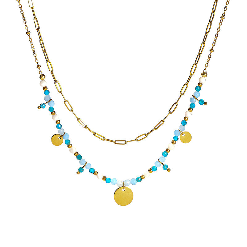 Cut natural stone stainless steel round card double-layer necklace