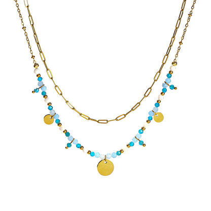 Cut natural stone stainless steel round card double-layer necklace