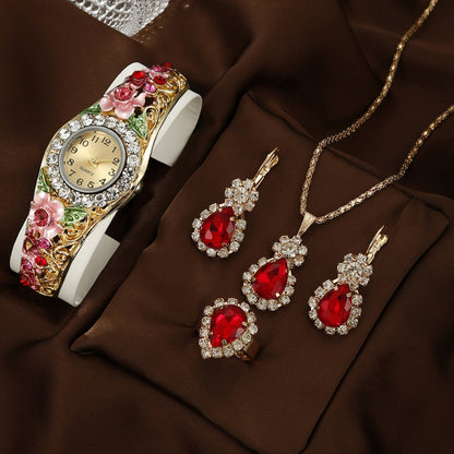 Watch Square Peacock Water Drop Jewelry Set