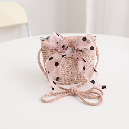 Girls' Polka Dot Bow Kids Bag Straw Beach Sun Hat