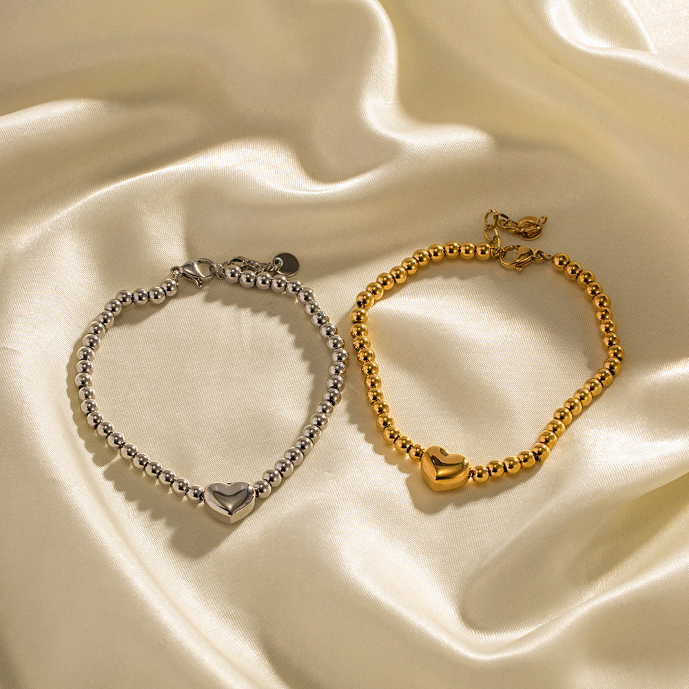 Stainless steel round bead heart bracelet