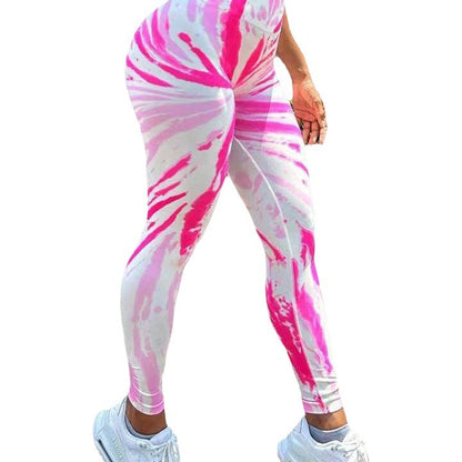 Pantalones de yoga color melocotón sin costuras con efecto tie-dye 