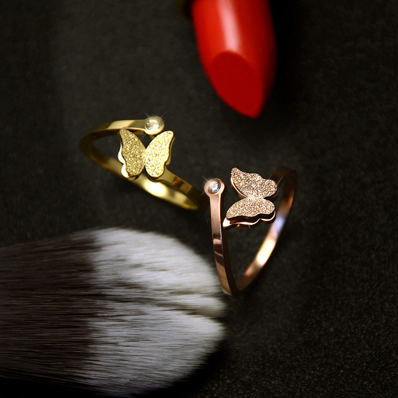 Adjustable Matte Butterfly Ring with Diamond Accent — 18K Gold Titanium Steel