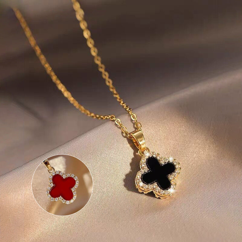 Double-Sided Black & White Four-Leaf Clover Diamond-Accented Pendant Necklace