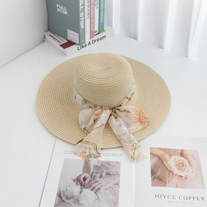 Beach Straw Hat Wide-Brim UV Protection Foldable with Bow