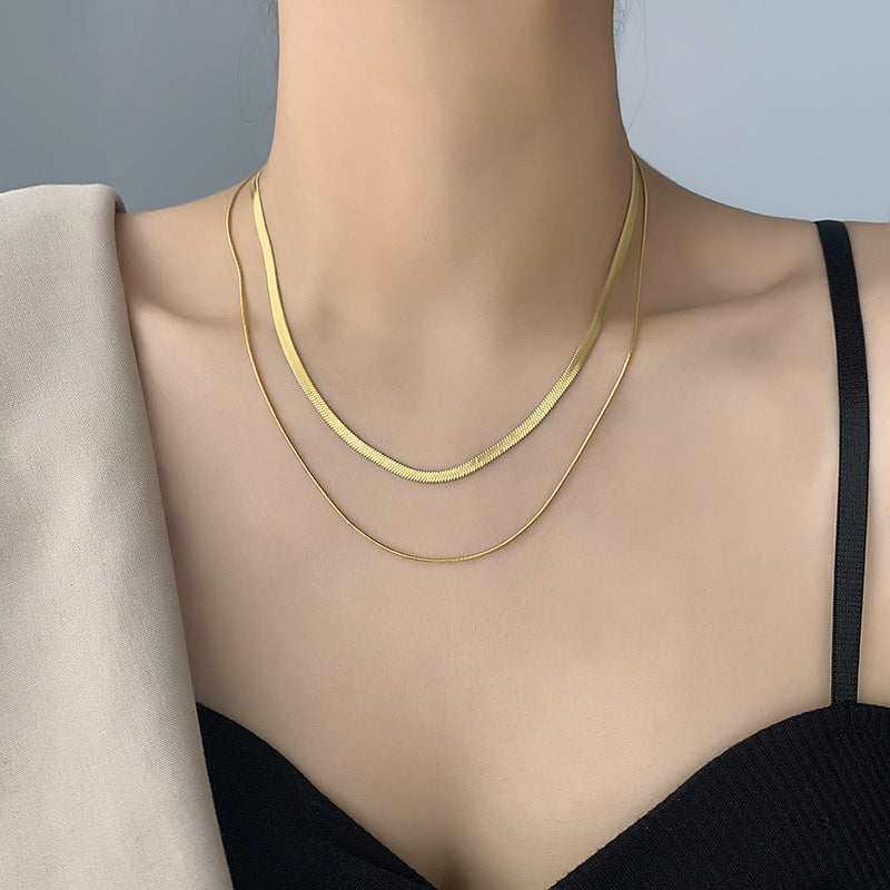Women's Retro Double-Layer Snake Bone Titanium Steel K‑Gold Collarbone Necklace