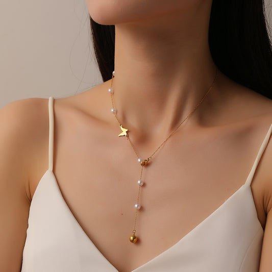 Adjustable Titanium Steel Butterfly Pearl Necklace for Women