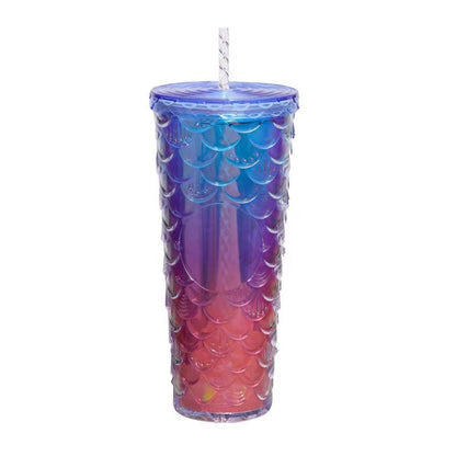 Botella de paja de plástico de doble capa de gran capacidad con patrón a escala 