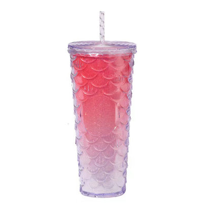 Botella de paja de plástico de doble capa de gran capacidad con patrón a escala 