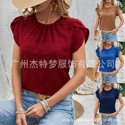 Crew Neck Petal Sleeve Temperament Short Sleeve Top