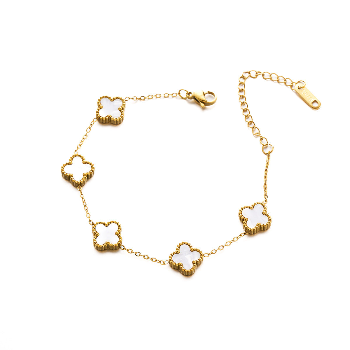 15mm Titanium Steel Double-Sided Four-Leaf Clover Bracelet with White Shell