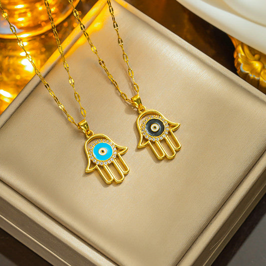 Pingente Fatima Lucky Palm &amp; Evil Eye em titânio banhado a ouro - estilo europeu 