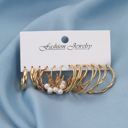 Gold twisted pearl earrings 6-piece set