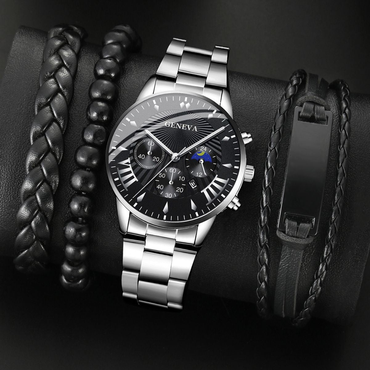 Steel belt quartz watch 3 bracelets Iron plate set