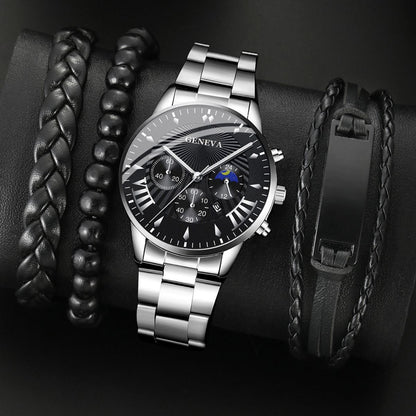 Steel belt quartz watch 3 bracelets Iron plate set