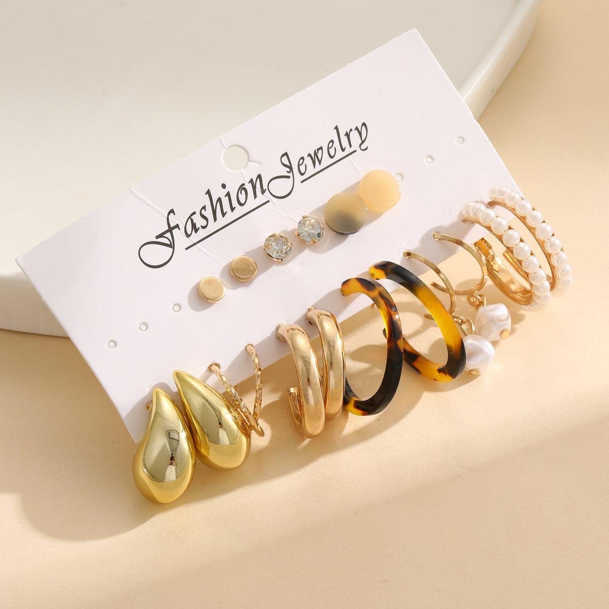 9Pcs Geometric Pearl Earring Set