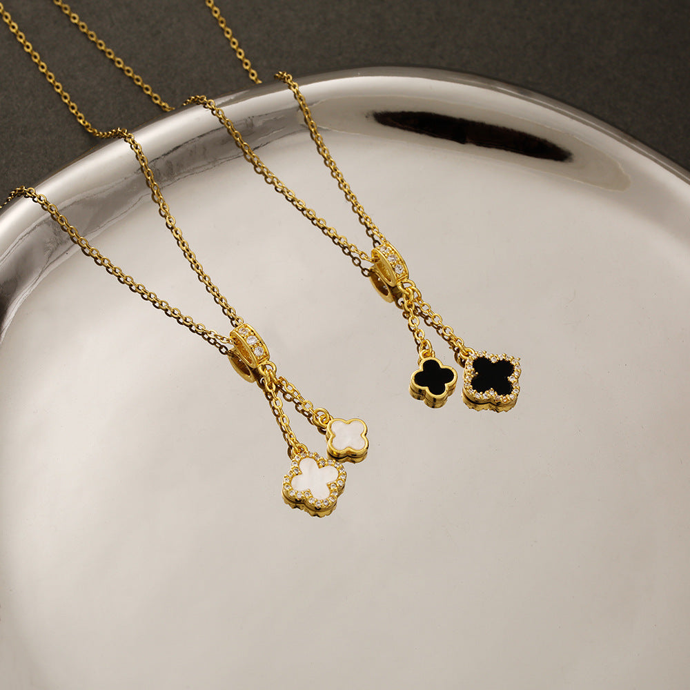 Titanium Steel Clover Necklace with Zircon Tassel — Women's Clavicle Chain