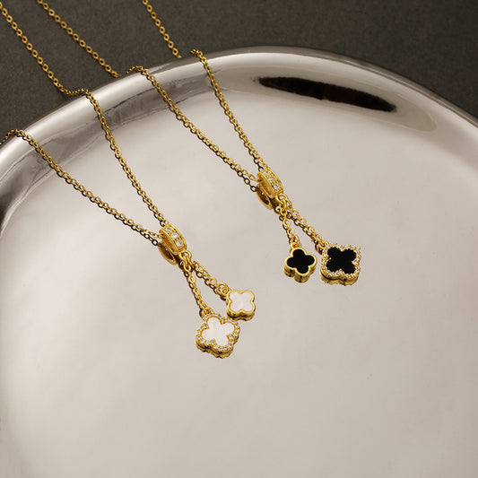 Titanium Steel Clover Necklace with Zircon Tassel — Women's Clavicle Chain