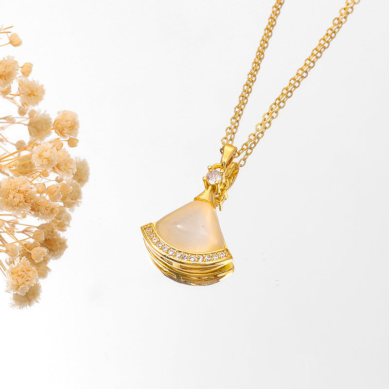 Fan-Shaped Opal Titanium Steel Collarbone Necklace with Copper Pendant