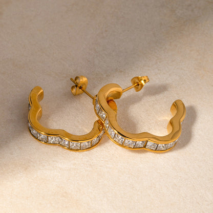 Flower and Diamond C-Shaped Earrings