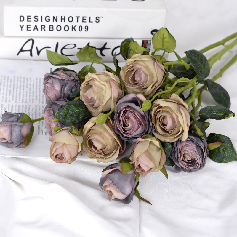 Ramo de rosas de 3 cabezas de simulación de borde quemado retro europeo 