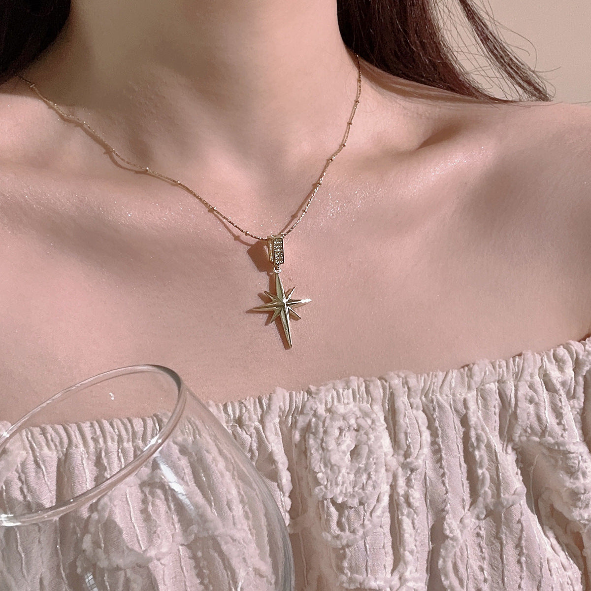 Gold Titanium Steel Polaris Collarbone Necklace with Micro Zircon Pendant