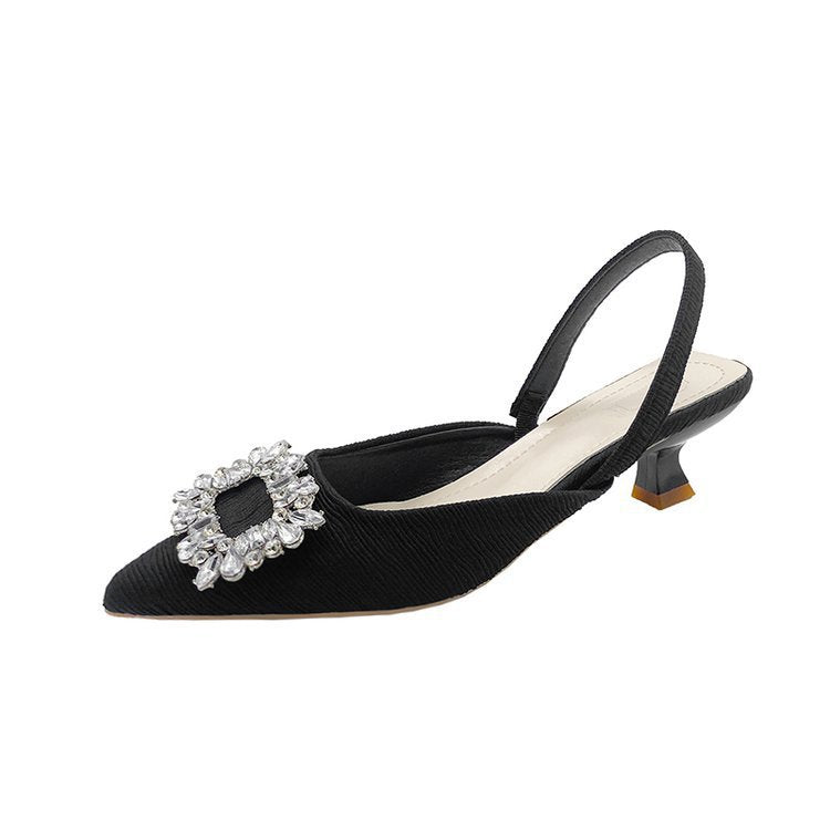 Rhinestone pointed back strap thick heels