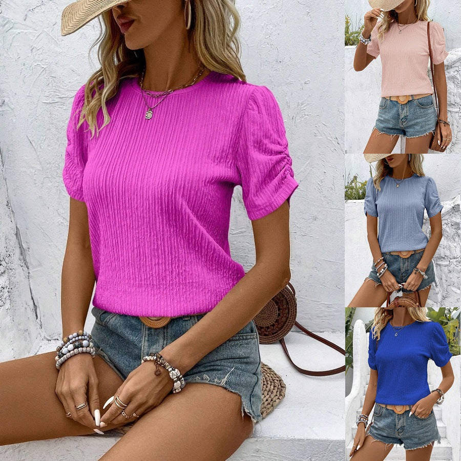 Crew Neck Fashion Shrinkle Short Sleeve T-Shirt Top