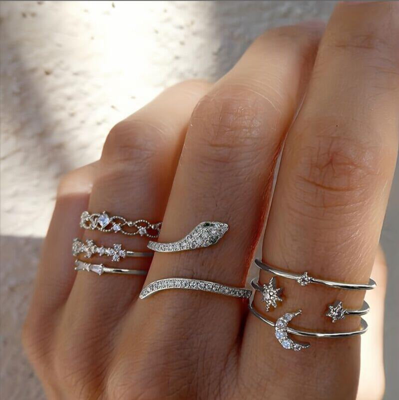 7-Piece Vintage Star Moon Snake Ring Set