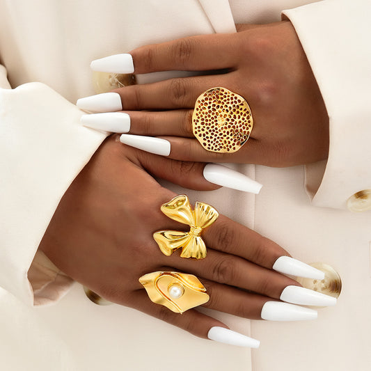 Bow & Pearl Ring Set (3-Piece)