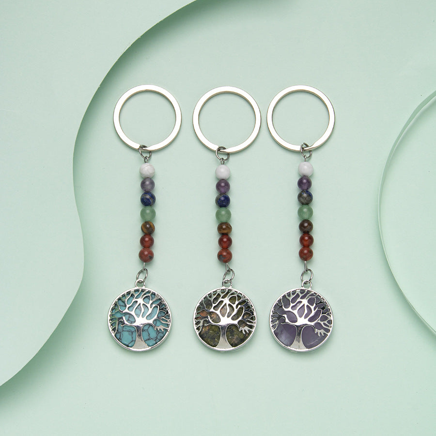 Chaveiro de aço inoxidável com pingente de árvore da vida com 7 cores de veias 