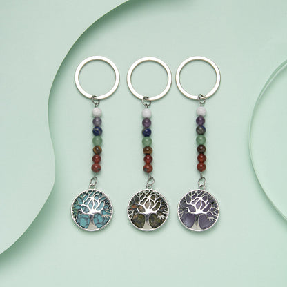 Chaveiro de aço inoxidável com pingente de árvore da vida com 7 cores de veias 