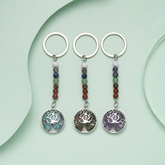 Llavero de acero inoxidable con colgante de árbol de la vida con piedra de color de 7 venas 
