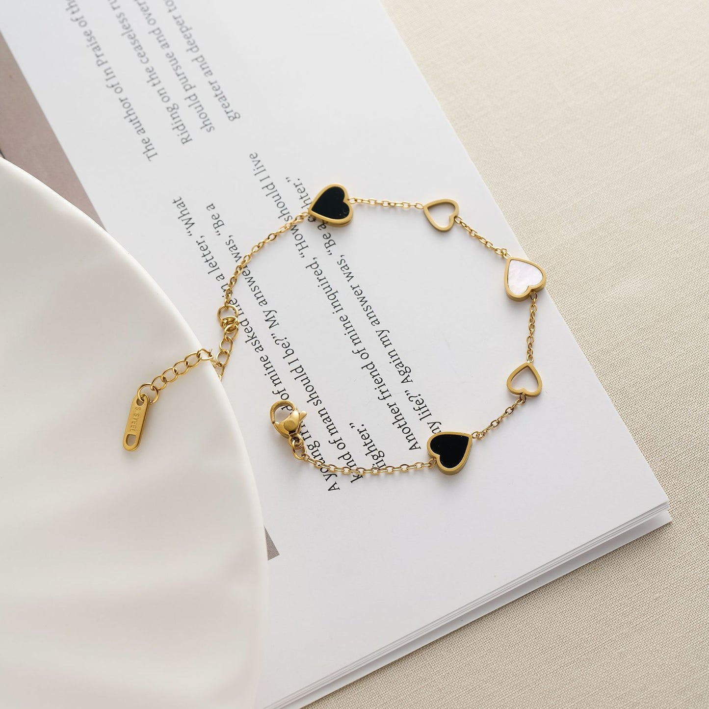 Women's Hollow Heart Stainless Steel Bracelet — Black & White, 18K Gold-Plated, Non-Fading