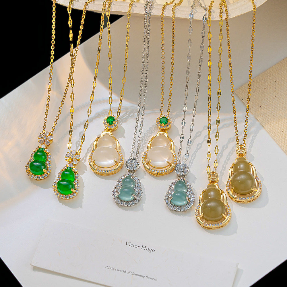 Full of diamond copper micro-inlaid jade gourd necklace female