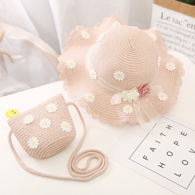 Conjunto de sombrero para el sol para niñas, nuevo bolso de paja de verano, princesa UV para bebés 