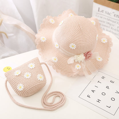 Conjunto de sombrero para el sol para niñas, nuevo bolso de paja de verano, princesa UV para bebés 