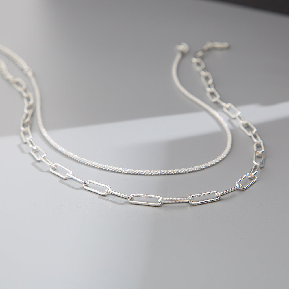 Collar de cadena de clavícula doble apilada en plata 