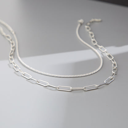 Collar de cadena de clavícula doble apilada en plata 