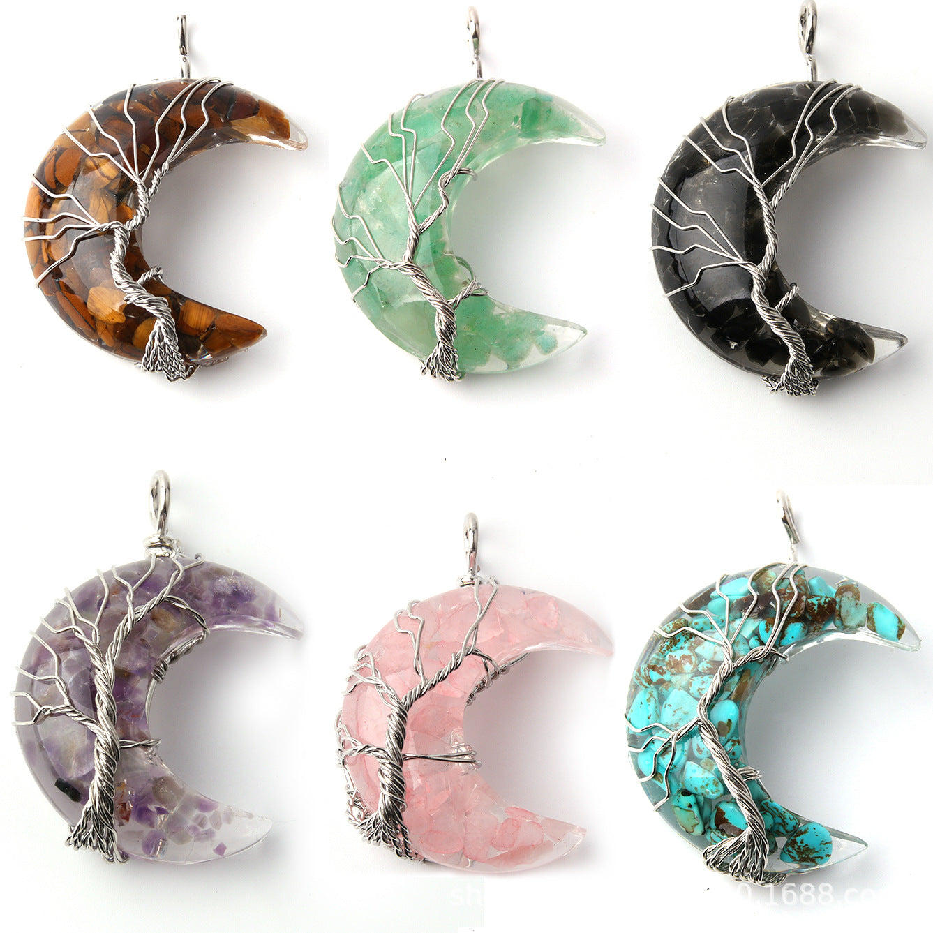 Pingente de cascalho da árvore da vida em forma de lua de cristal 