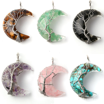 Pingente de cascalho da árvore da vida em forma de lua de cristal 