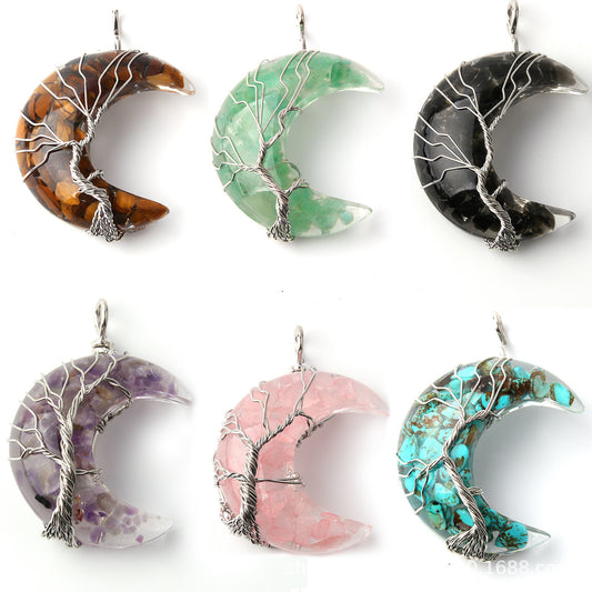 Pingente de cascalho da árvore da vida em forma de lua de cristal 