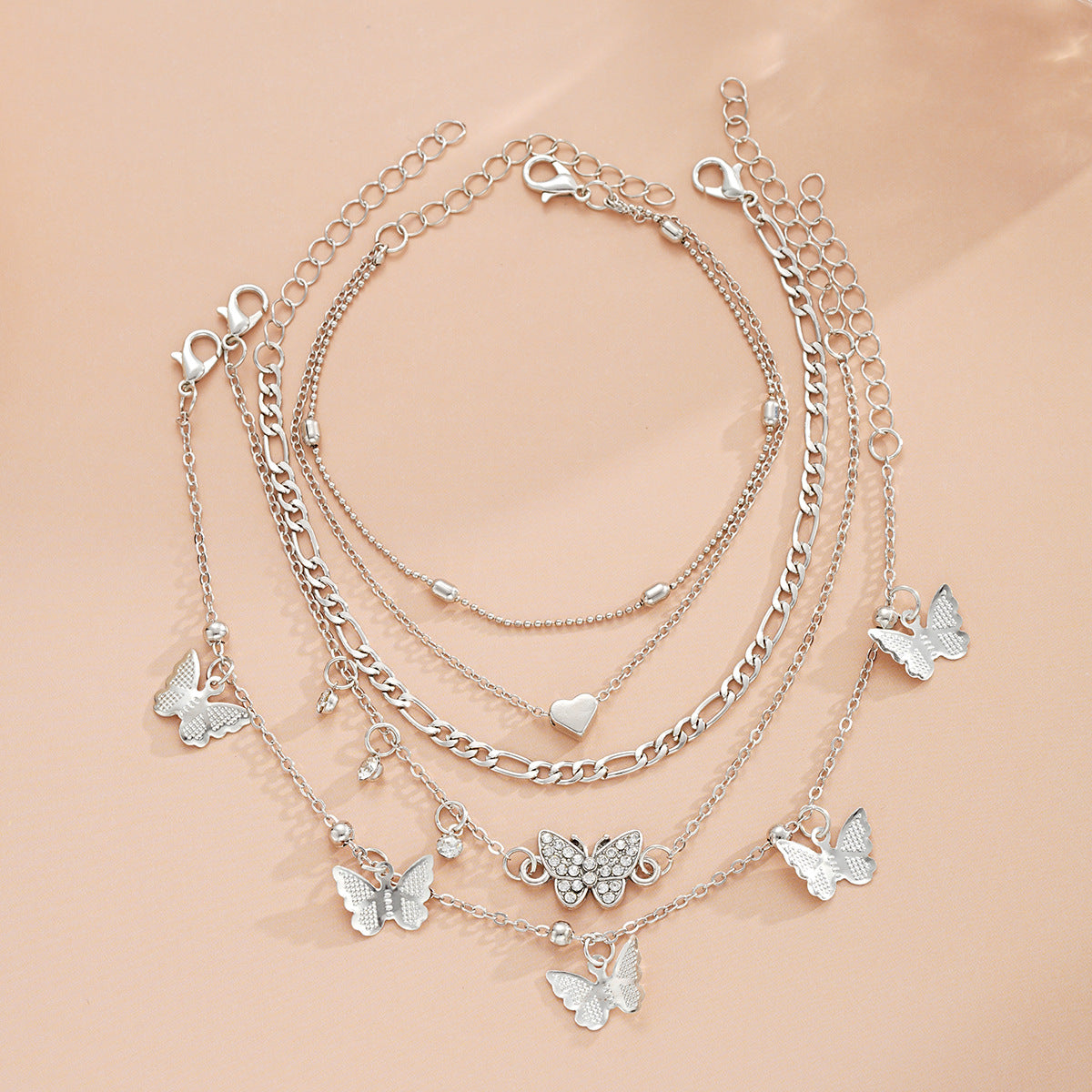 4-Piece Butterfly Bead Heart Anklet Set