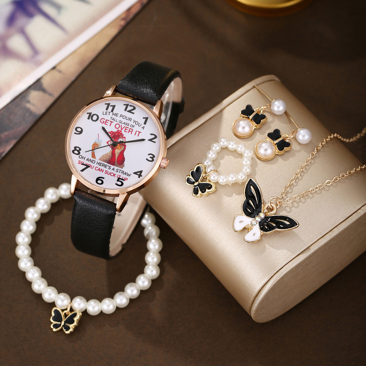 Watch Pearl Butterfly Pendant Jewelry Set