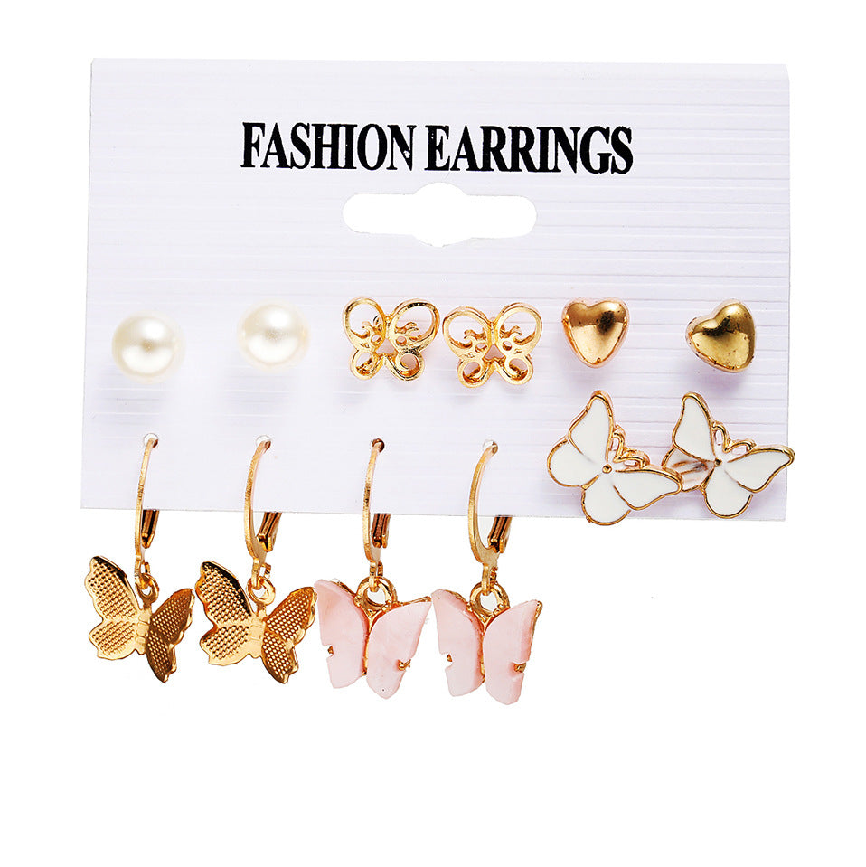 Butterfly Pearl Earrings Set 6 Pieces
