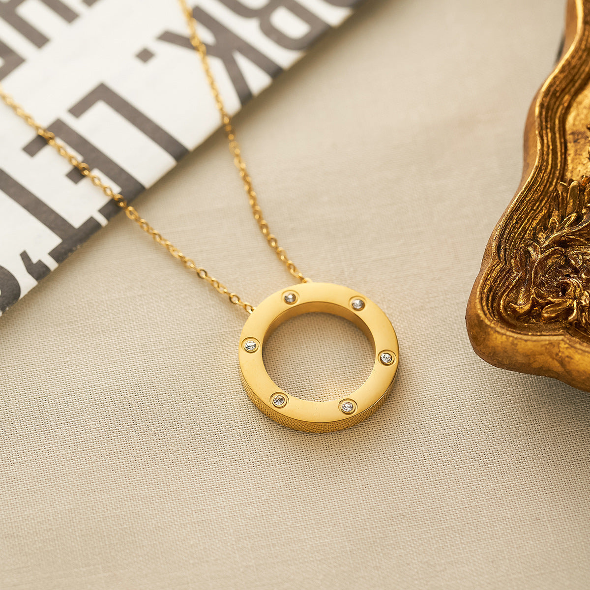 Titanium Steel Statement Ring Pendant Necklace — 18K Gold-Plated, Diamond Finish, Non-Fading