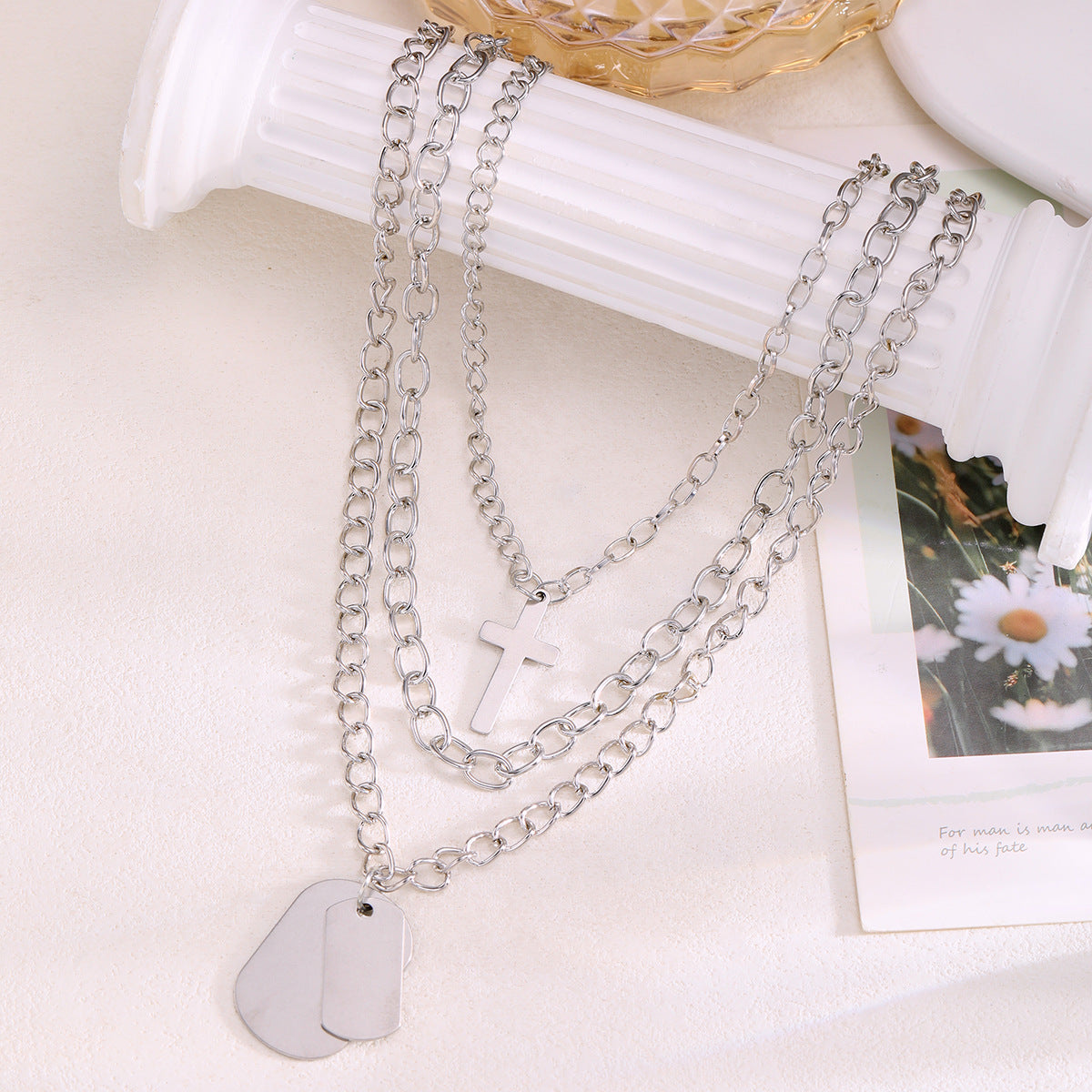 Cross tag three-piece necklace